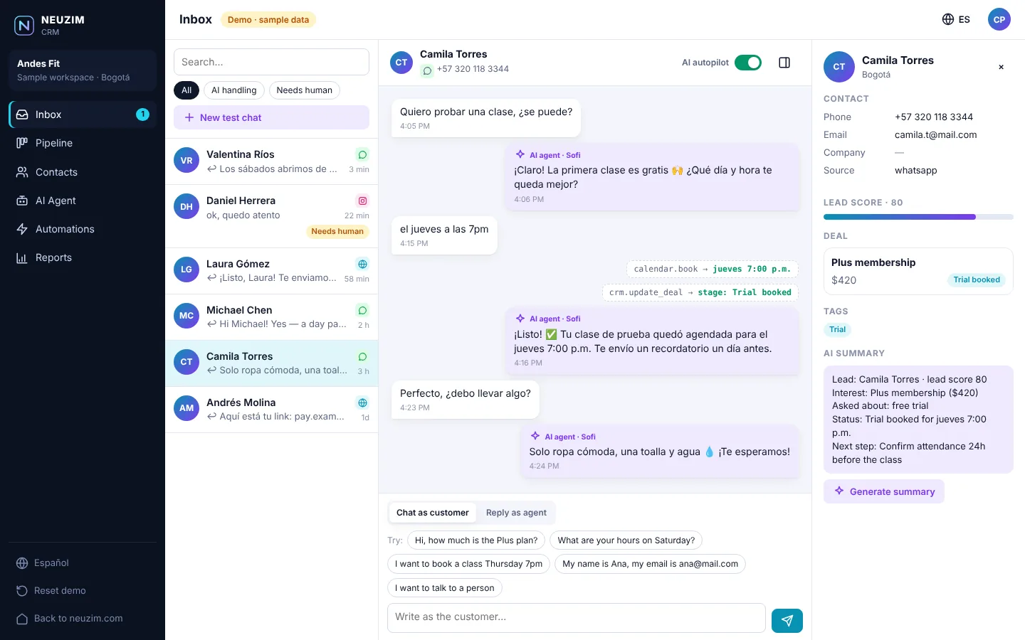 NEUZIM CRM inbox: a WhatsApp conversation answered by the AI agent, with the contact, deal and lead score updating on the right